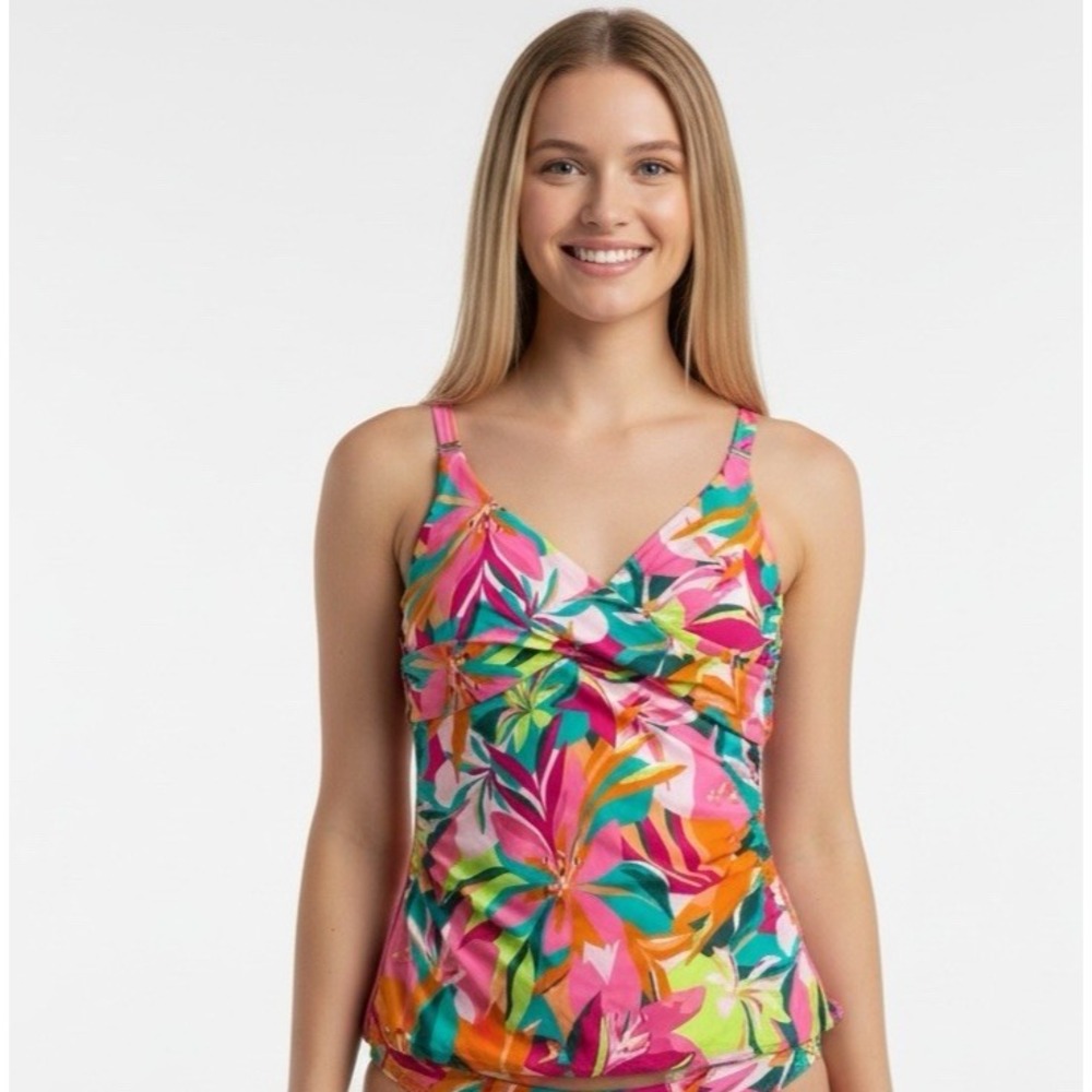 Anne Cole Women's L Twist Front Ruched Tankini Swim Top Multi Tropical UPF 50 NE